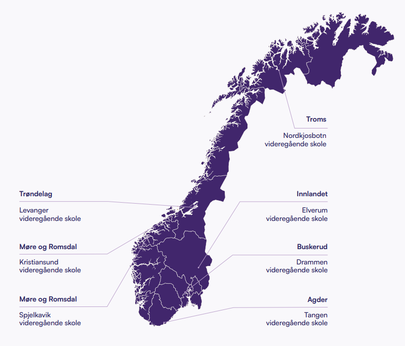Norgeskart som viser de videregående skolene NDLA samarbeider med skoleåret 2026/2027, ligger. Nordkjosbotn vgs. ligger i Troms, Levanger vgs. ligger i Trøndelag, Kristiansund vgs. og Spjelkavik vgs. i Møre og Romsdal, Elverum vgs. i Innlandet, Drammen vgs. i Buskerud og Tangen vgs. i Agder.  Illustrasjon.