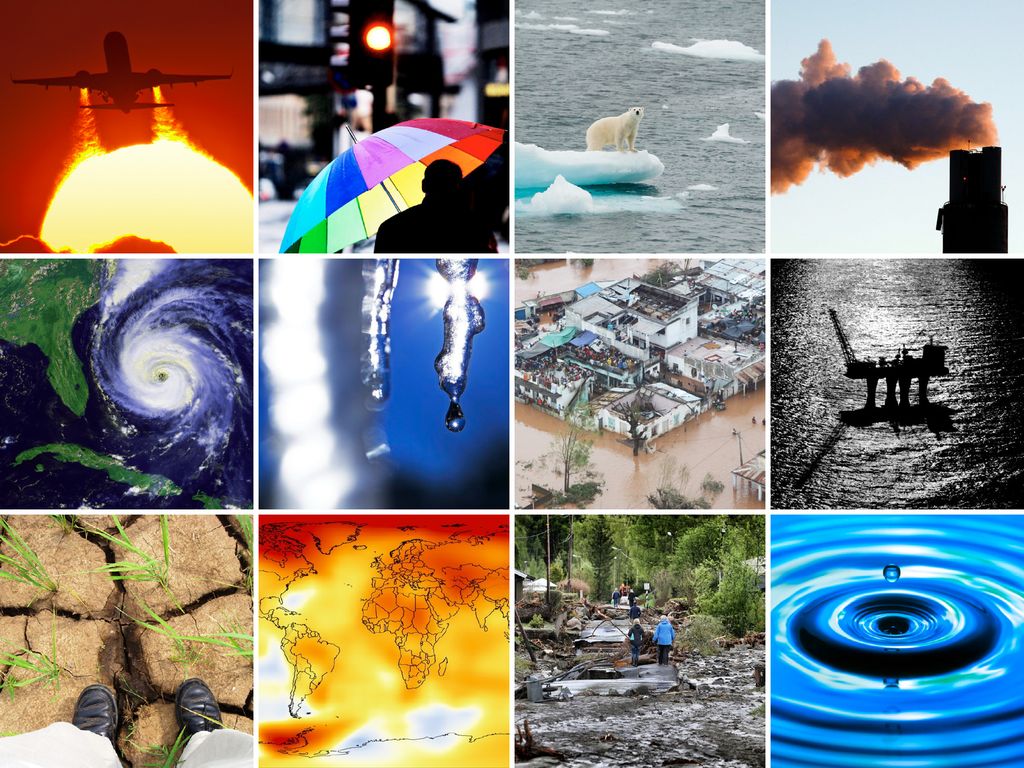 Tolv bilder av grunner til og resultater av klimaendringer, som forurensning, ekstremvær og tørke. Foto.