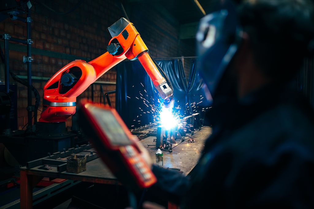 En automatisk sveiserobotarm sveiser i en fabrikk som drives av en arbeider med konsoll. Foto.