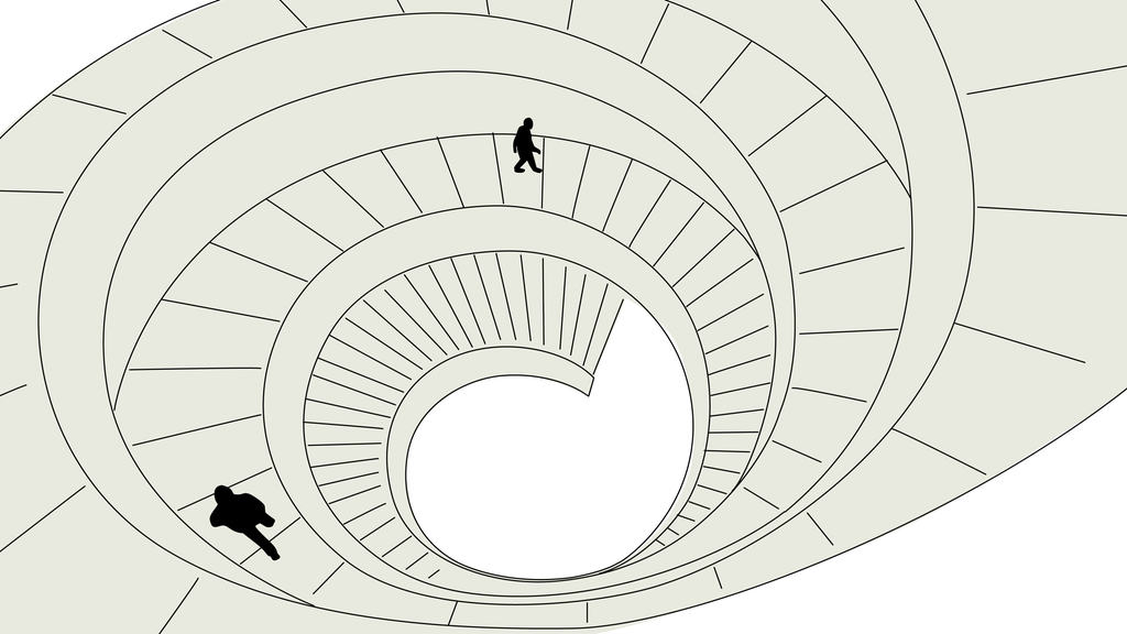 Tegning av ei spiraltrapp sett ovenfra. Illustrasjon.