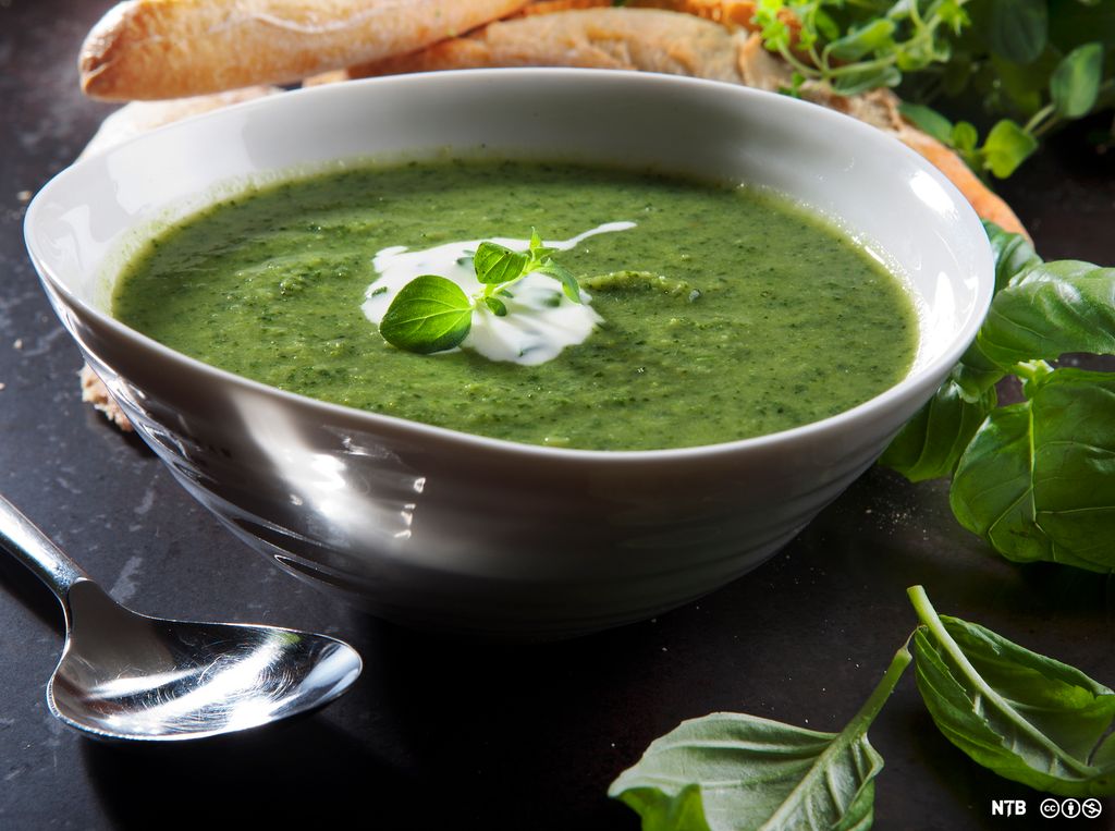 En hvit suppeskål med grønn purésuppe av brokkoli, grønnkål og løk, toppet med fetaostkrem. Foto.