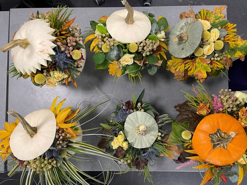 Seks blomsterdekorasjoner i gresskar sett ovenfra. Foto. 