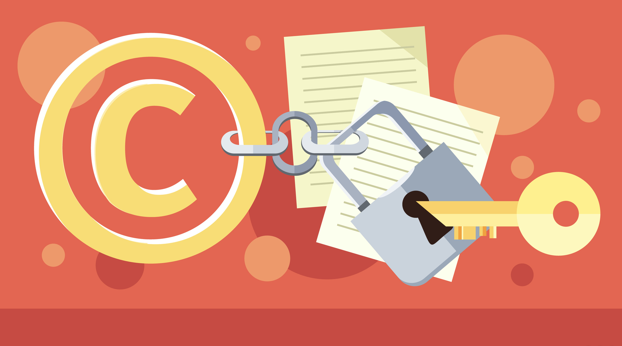 Copyright-symbol festet til et kjede med hengelås. Ved siden av hengelåsen er det plassert en nøkkel. Grafisk.