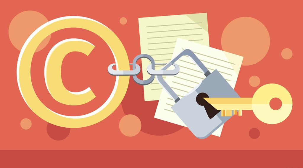 Copyright-symbol festet til et kjede med hengelås. Ved siden av hengelåsen er det plassert en nøkkel. Grafisk.