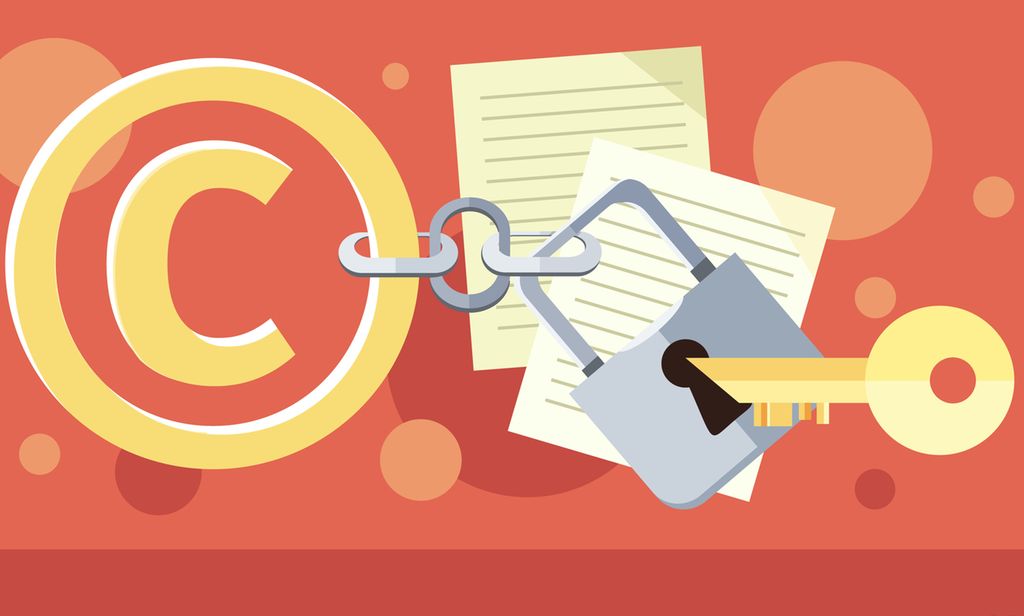 Copyright-symbol festet til et kjede med hengelås. Ved siden av hengelåsen er det plassert en nøkkel. Grafisk.