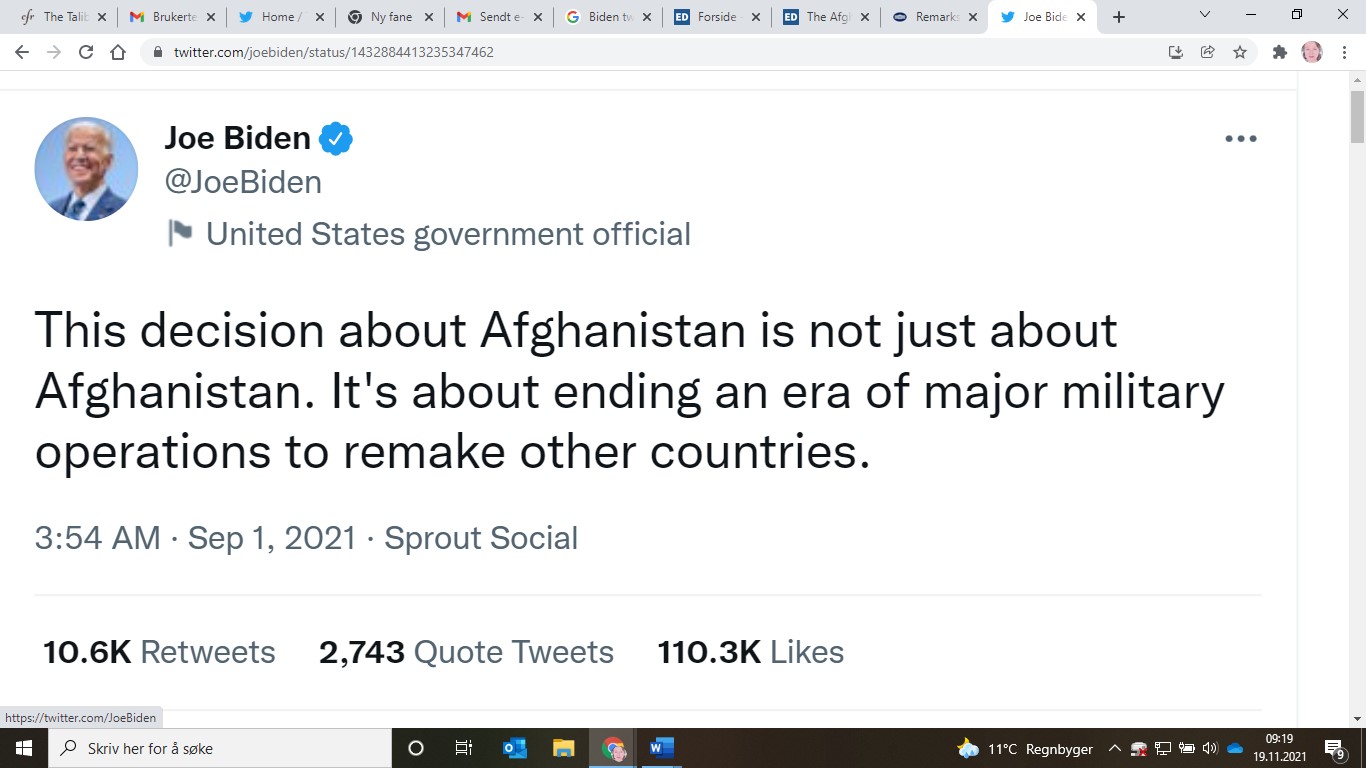 A screenshot of a tweet. A circle with Joe Biden's picture and his name next to it. The tweet states 'This decision about Afghanistan is not just about Afghanistan. It's about ending an era of major military operations to remake other countries.' Photo.