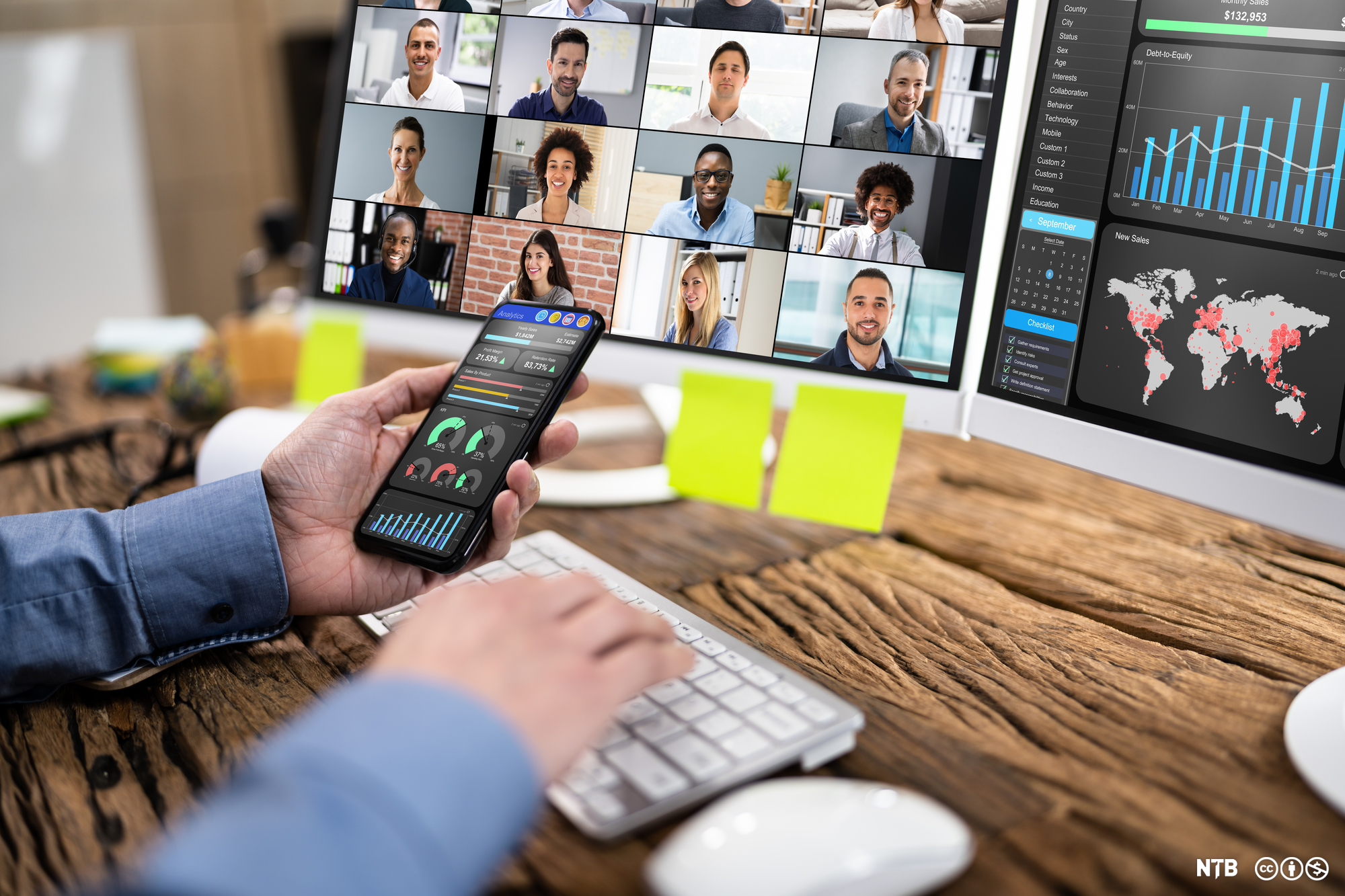 Person held ein mobil med grafikk og sit ved ein arbeidsplass med to dataskjermar. På den eine skjermen er det bilete av ulike personar, og på den andre skjermen er det eit stolpediagram og eit verdskart. Foto. 