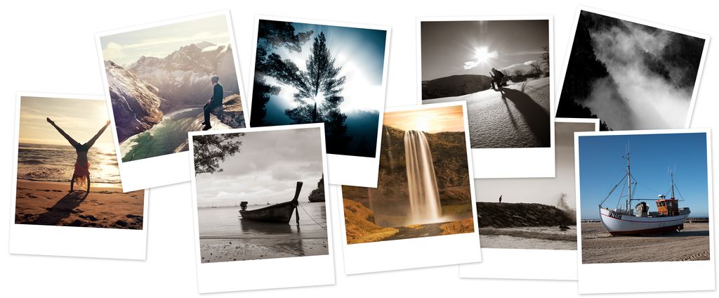 Kollasj med mange naturmotiver i polaroidrammer. Foto.