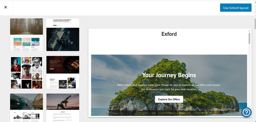 Bilder av sju ulike layoutmaler på nettstedet Wordpress. Skjermbilde. 