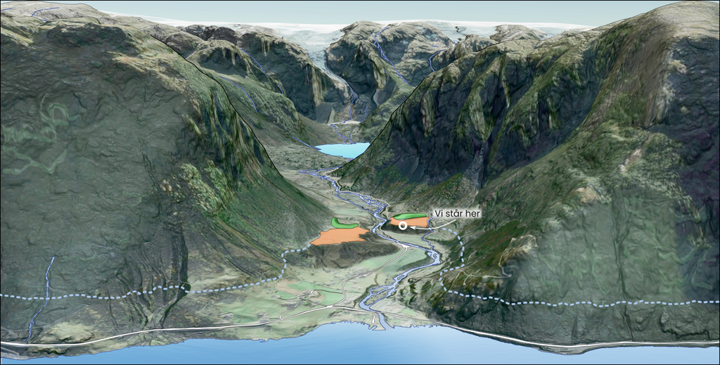 Illustrasjon av Bondhusdalen. På høydenivået vi er på, er det ei flate, og det er tegnet inn ei stiplet linje langs denne høyden på hele illustrasjonen. Illustrasjon.