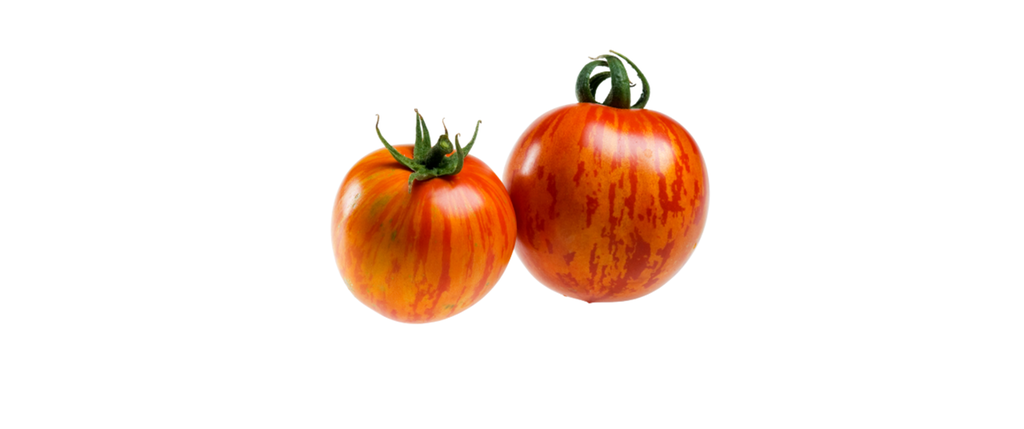 To tomater med stripete mønster i rødt og gult. Foto.