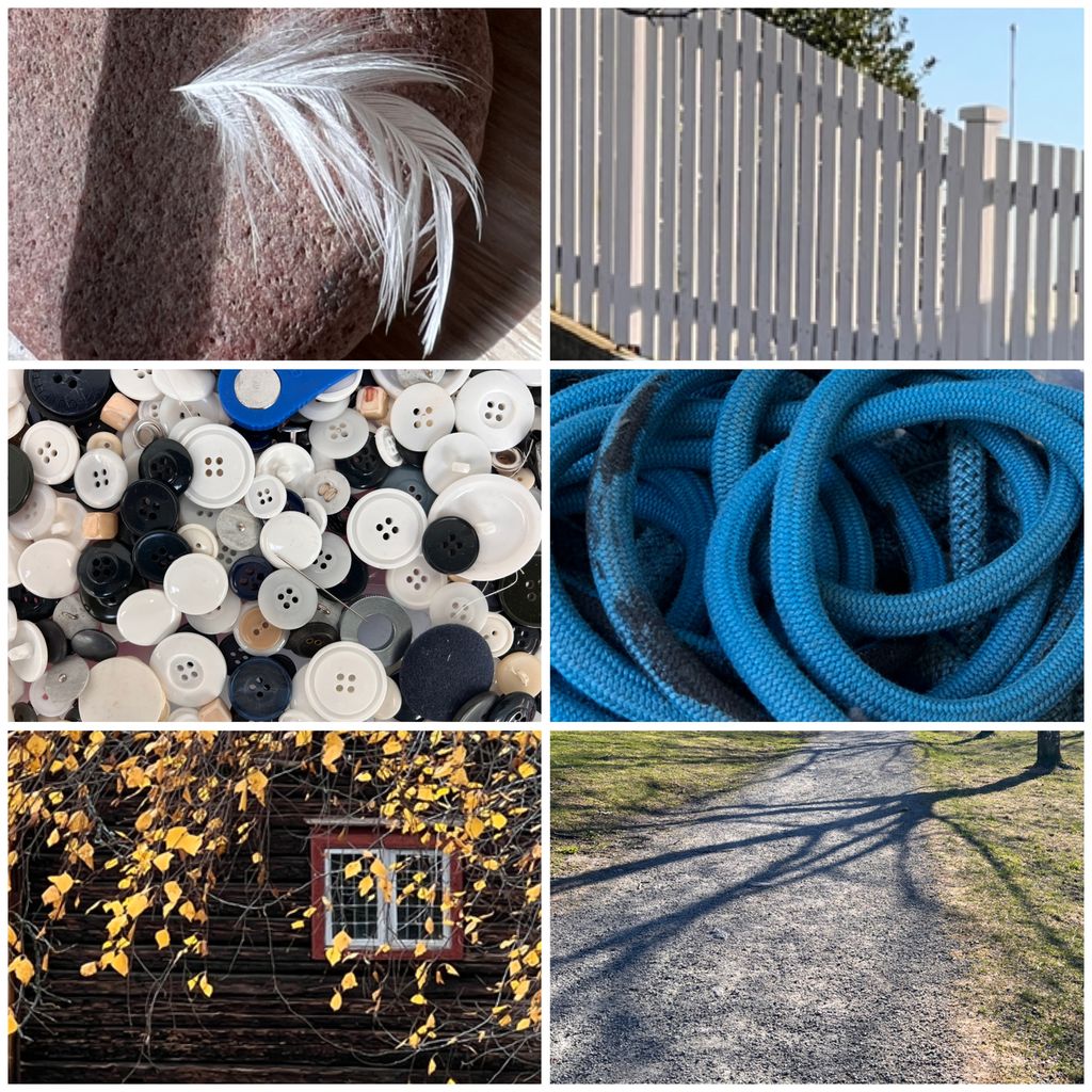Sammenstilte bilder: en fjær, et gjerde, knapper, tau, et vindu og skyggen av et tre. Foto.