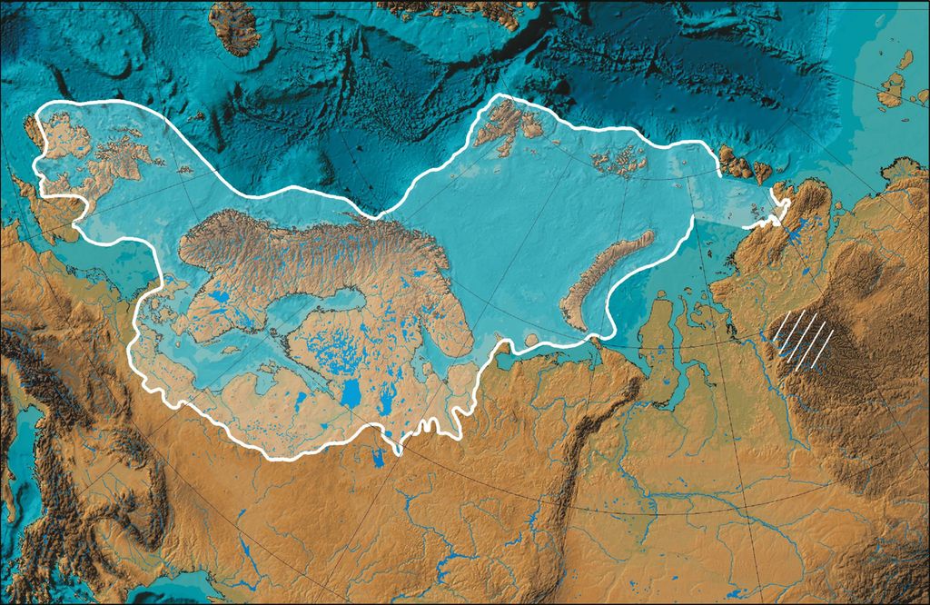 Kart over Nord-Europa, Øst-Europa og Russland. Et hvitt omriss er tegnet rundt hele Norge, Sverige, Finland, Estland, Latvia, Litauen, Svalbard, Franz Josefs land og Novaya Zemlya pluss mesteparten av de britiske øyer og Danmark samt de nordlige delene av Tyskland og Polen og litt av Russland. Illustrasjon.