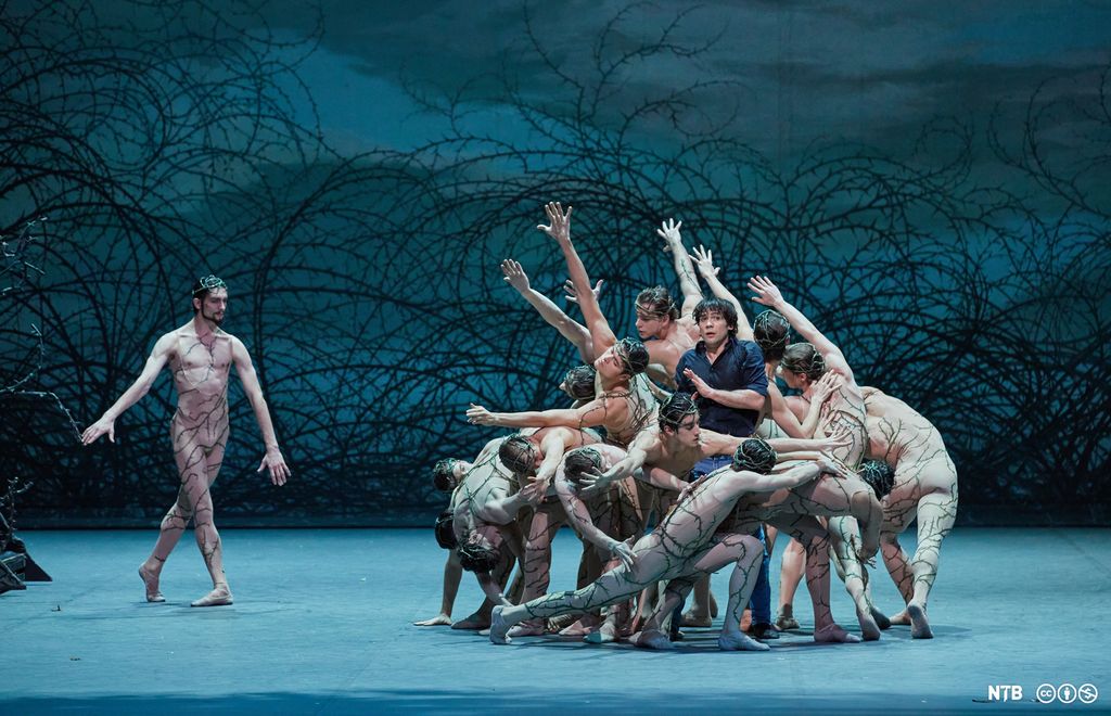 Photo: We see one group of dancers gathered around a person in a blue shirt. A lone man is walking towards them. There are briars in the background. 