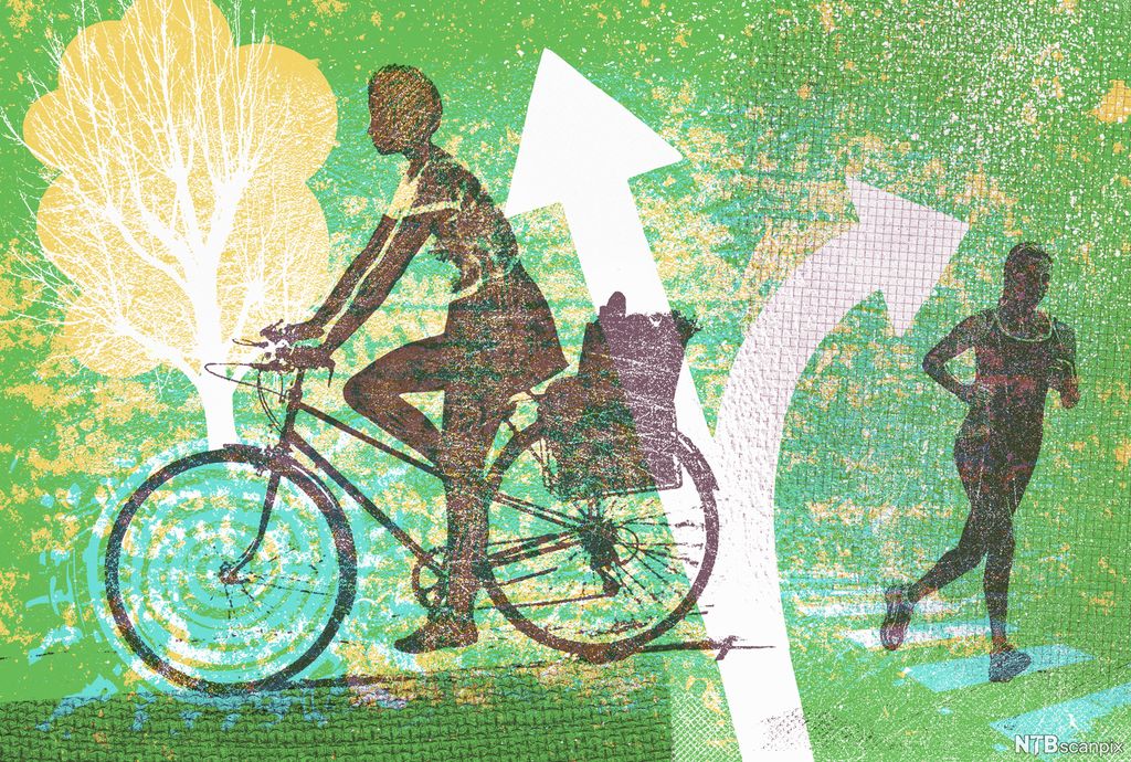 Silhuetter av to kvinner som sykler og løper på grafikk med piler og ruter. Grafikk.