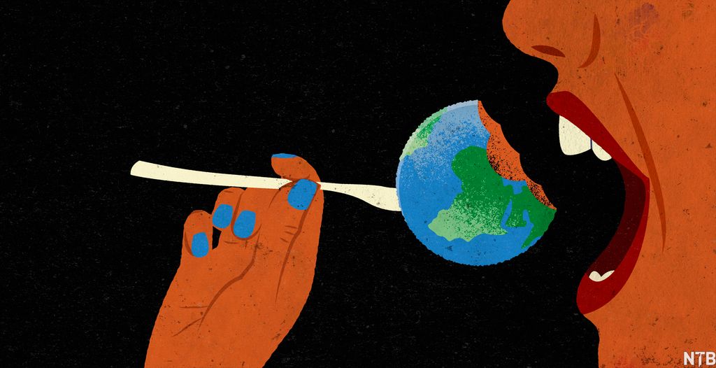 Gapende munn spiser jordklode på gaffel. Illustrasjon.