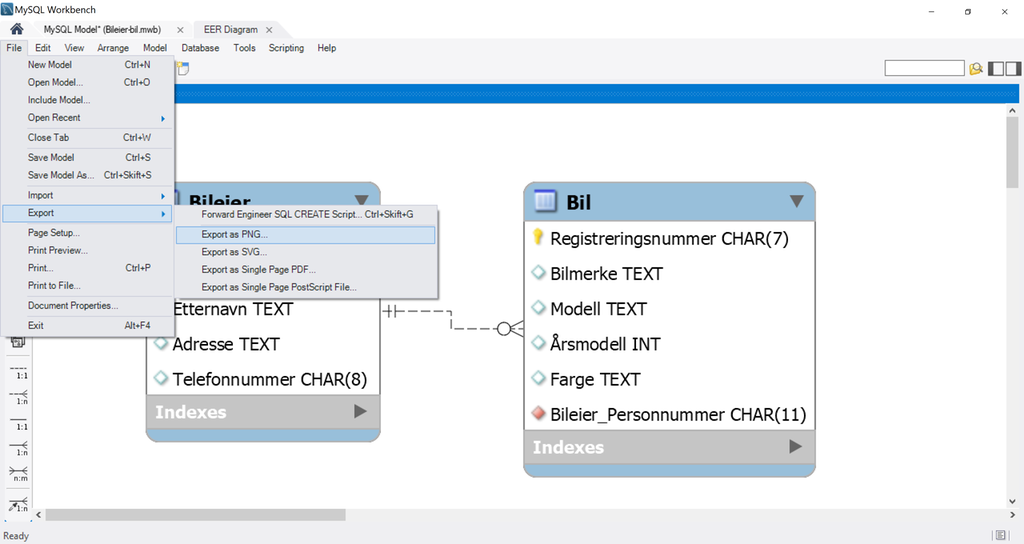 Skjermbilde fra MySQL Workbench