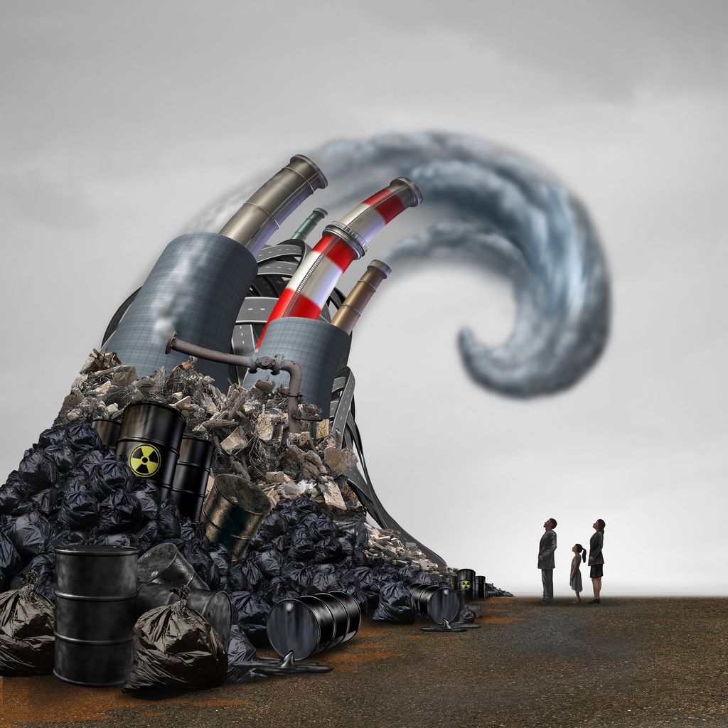 Illustrasjon av en bølge av farer (forgiftning, avfall med mer) som står over en familie. Illustrasjon.