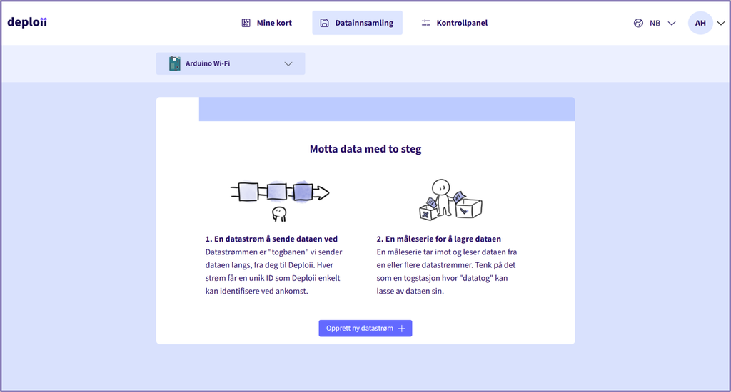 Skjermbilde fra fanen Datainnsamling i programvaren Deploii som beskriver hvordan datastrømmer kan opprettes, enten som en datastrøm å sende dataene med eller som en måleserie for å lagre dataene. Under de to valgene er det en knapp for å opprette ny datastrøm. Skjermutklipp.
