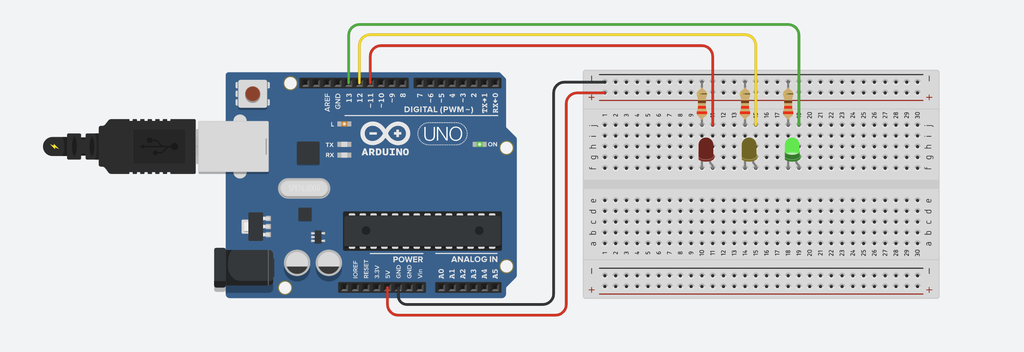 Arduino, koplingbrett, rød, gul og grønn diode koplet sammen på koblingsbrettet med ledninger og resisitorer. Illustrasjon.