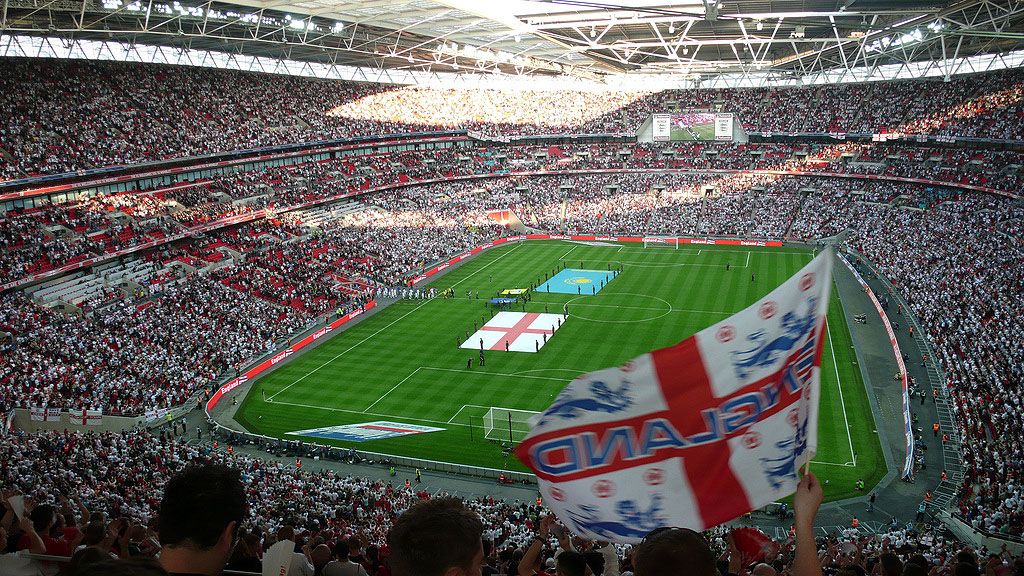 A full Wembley Stadium in London before the beginning of a match. Photo.  