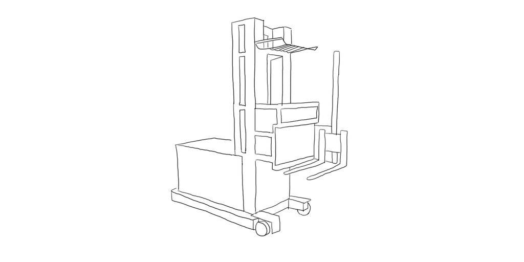 En høytløftende plukktruck manøvreres fra førerplass, og førerplassen heves sammen med gaflene/plattformen. Illustrasjon.
