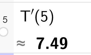 T derivert av 5 er tilnærmet lik 7,49. Skjermutklipp.