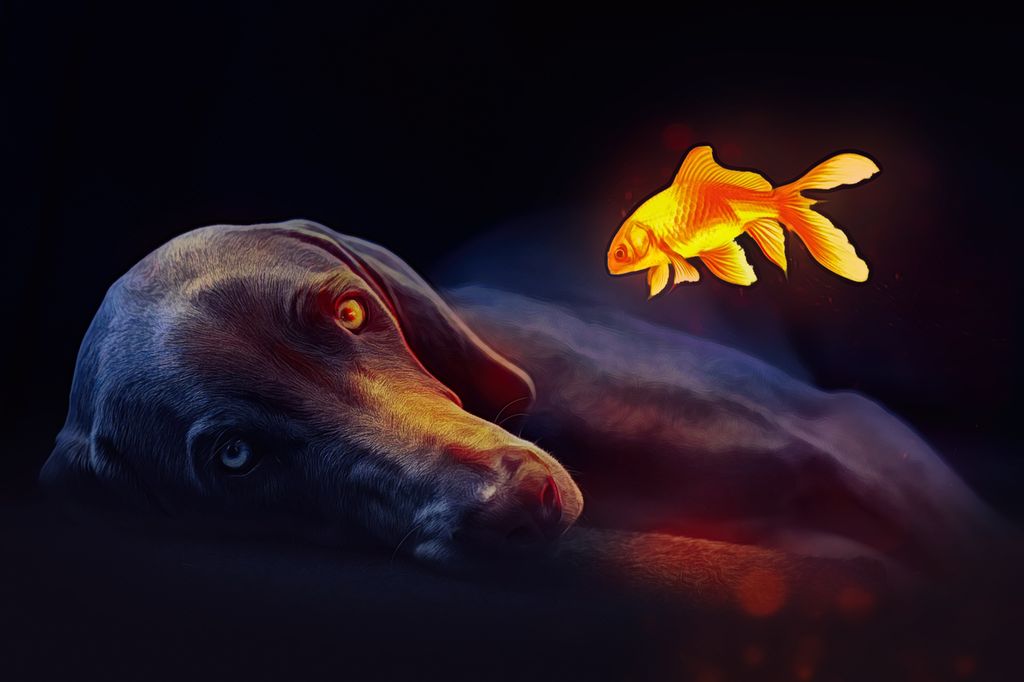 Photo art: A black dog is lying on its side. It is looking at a luminous goldfish floating in the air. 