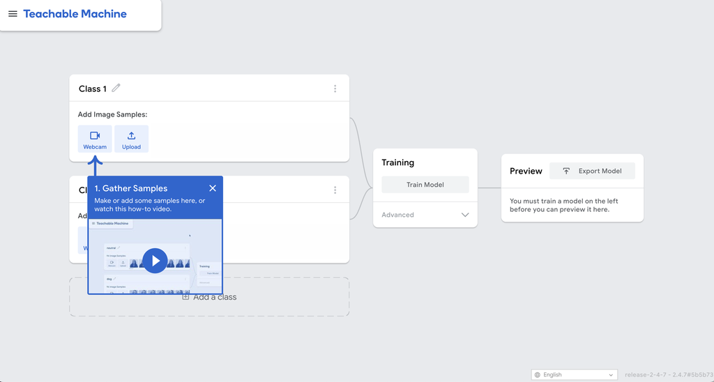 Skjermdump av tenesta Teachable Machine. To boksar ligg i trinn éin, dei har overskrifta "Class 1" og "Class 2". Boksen i trinn to har overskrifta "Training". Boksen i trinn tre har overskrifta "Preview". Skjermutklipp.