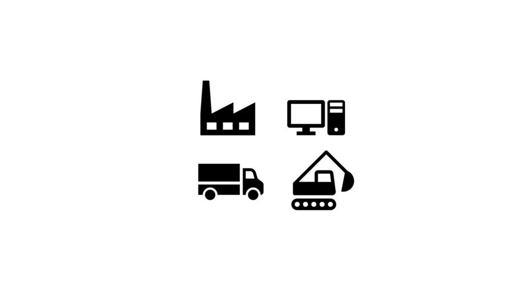 På bildet ser du symboler for forskjellige anleggsmidler: fabrikkbygning, datautstyr, lastebil og gravemaskin. Illustrasjon.