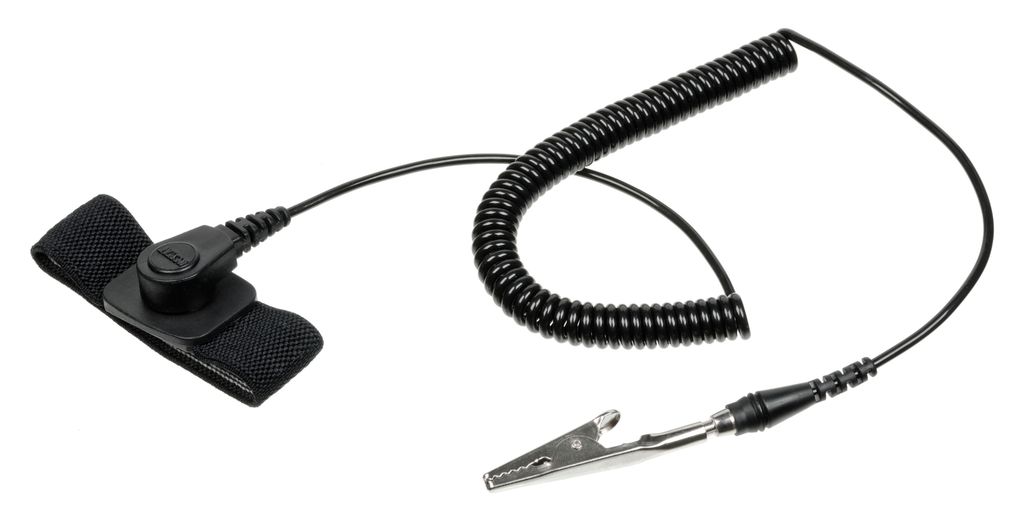 Eit armband med ein tilkopla leidning og for å kople til eit jordingspunkt. Foto