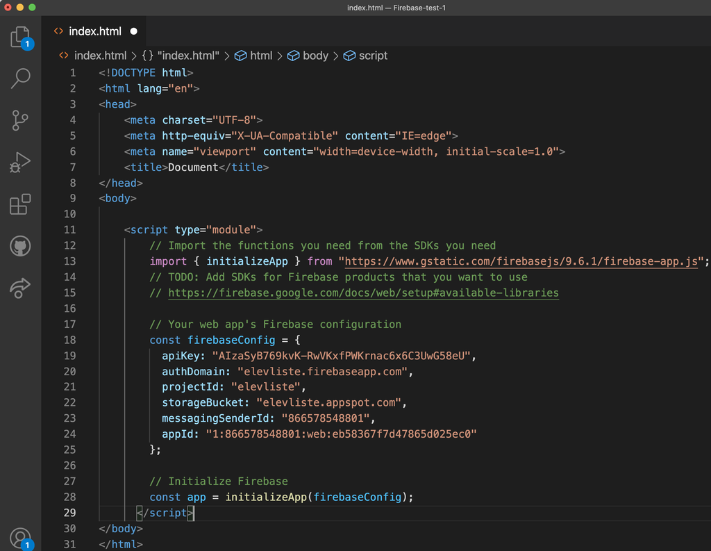 HTML-fila med SDK-koden limt inn. Skjermbilete.