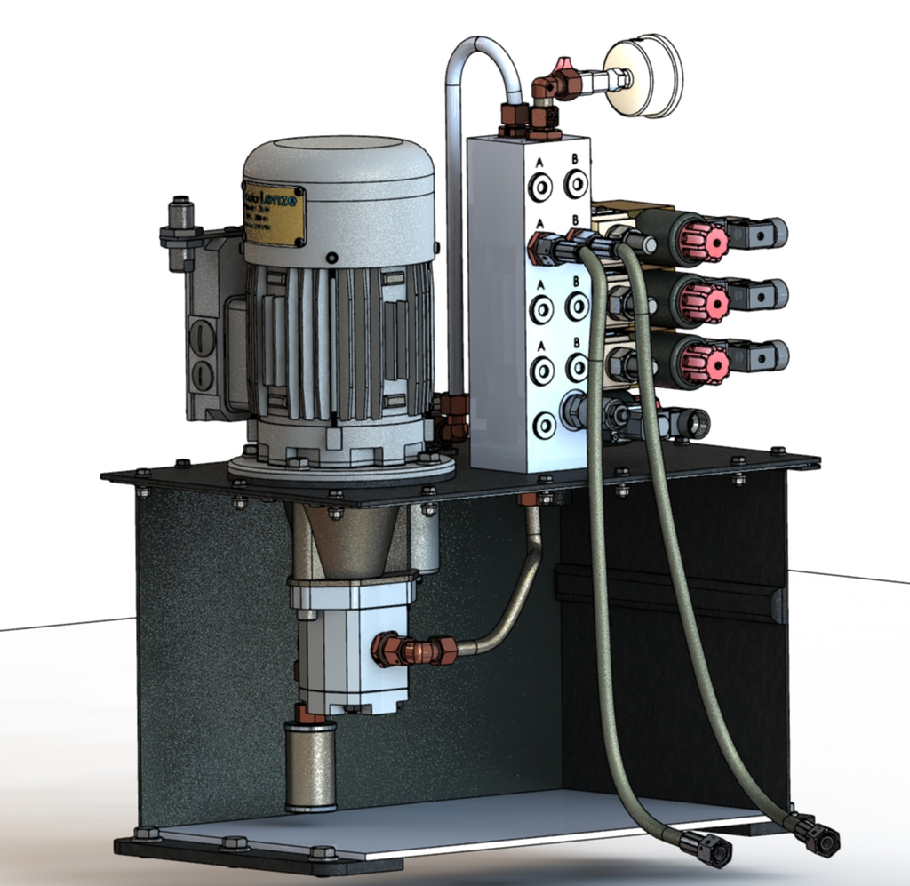 Illustrasjon av de ulike komponentene som er montert i en Hydraulic Power Unit. Det er pumpe, ventiler, motor, manometer og rør. Illustrasjon.