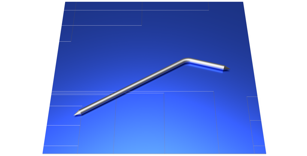 Stålaksling med spisse ender som er bøyd i en vinkel på den ene sida ligger på ei blå plate med flere rette streker på. Illustrasjon.
