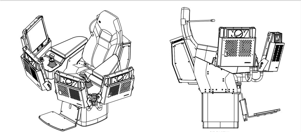 En arbeidsstol vist i to ulike vinkler. Den har dataskjermer og joystick til styring av boreaktiviteter. Illustrasjon.