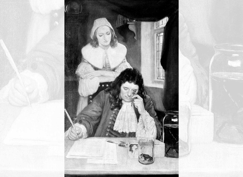 Oljemaleri av vitenskapsmannen Anton van Leeuwenhoek. Motivet er av en mann som sitter bak et skrivebord og ser gjennom et håndholdt mikroskop. Bak mannen står en kvinne som titter på arbeidet til mannen over skulderen hans. Illustrasjon.