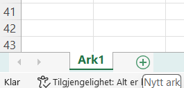 Skjermutklipp fra nederst til venstre i regnearkprogrammet Excel. Utklippet viser arkfanen Ark1 og plussknappen til høyre for fanenavnet. Skjermutklipp.