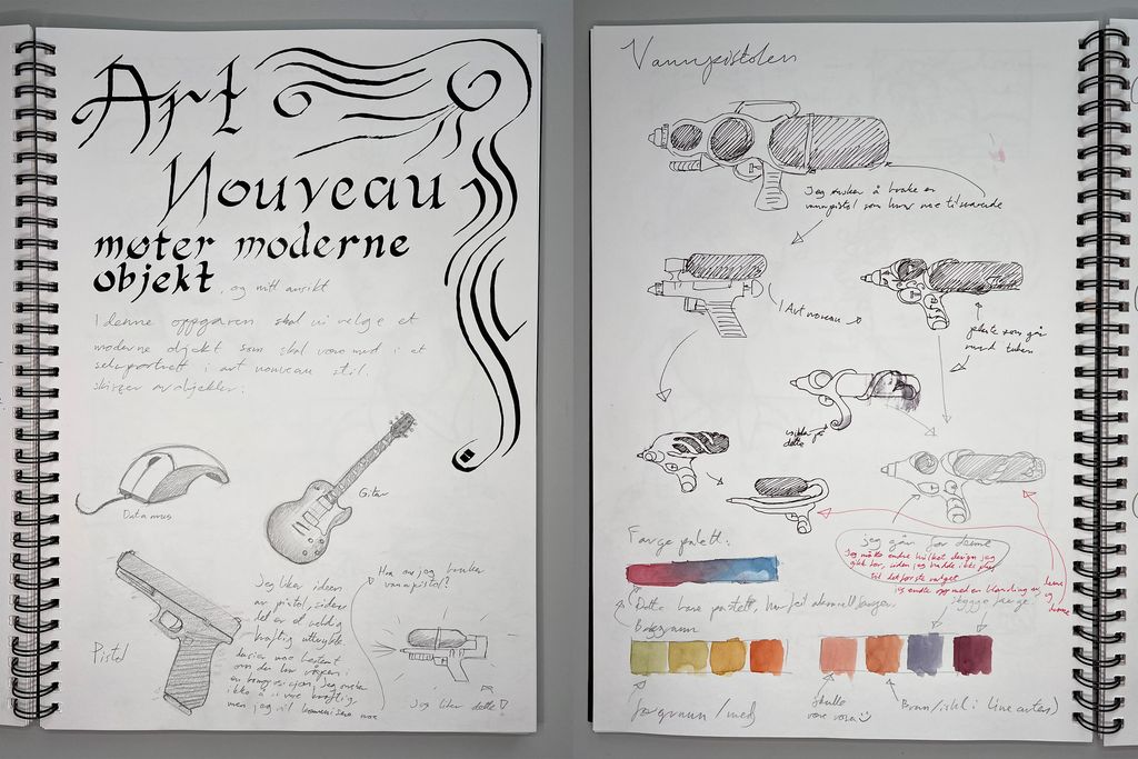 Tegninger av ei datamus, en elgitar, en pistol og en vannpistol i ei skissebok. Tittelen på sida er "Art nouveau møter moderne objekt". Foto.