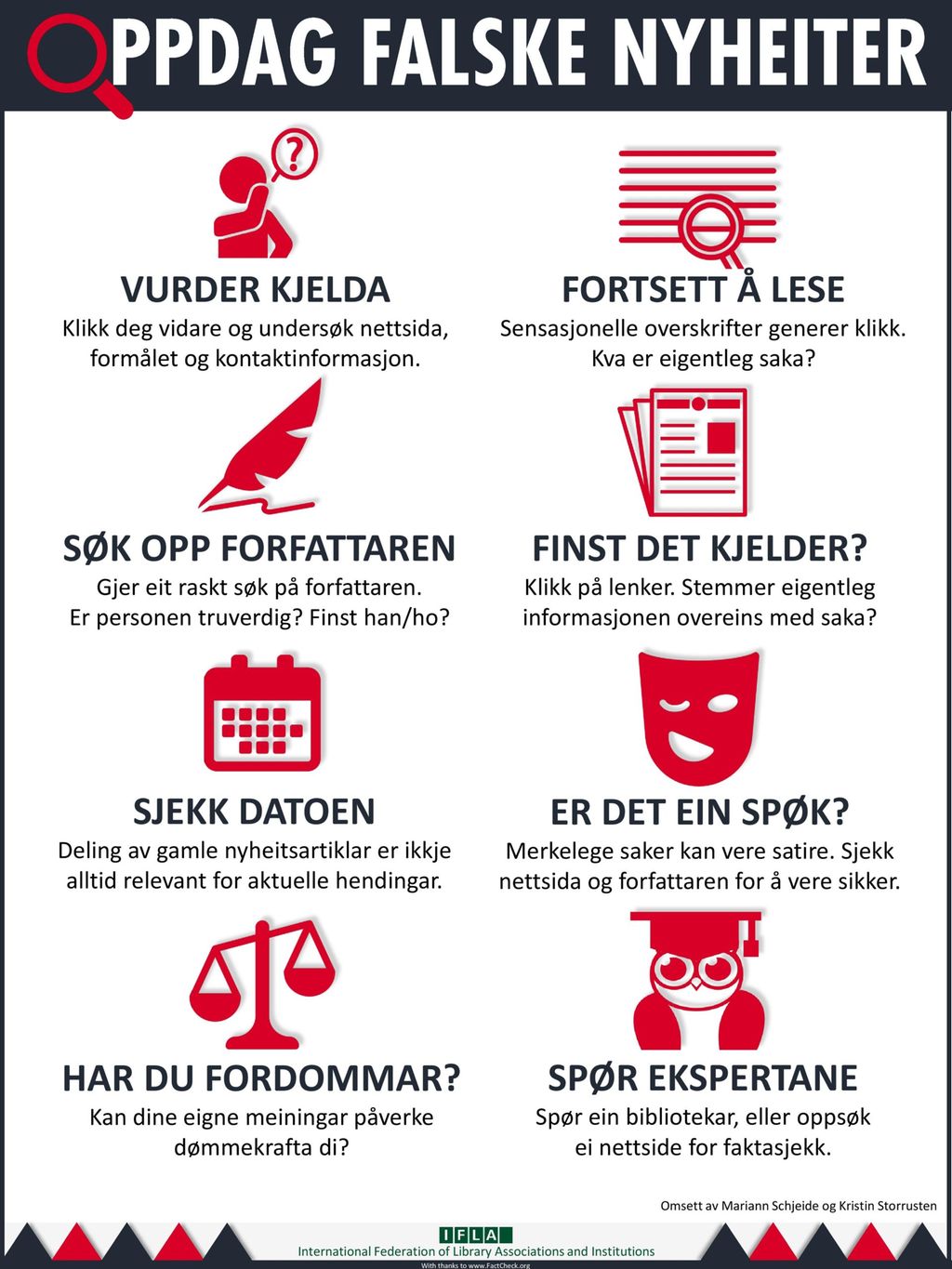 Plakaten Oppdag falske nyheiter fra Norsk bibliotekforening. Illustrasjon.