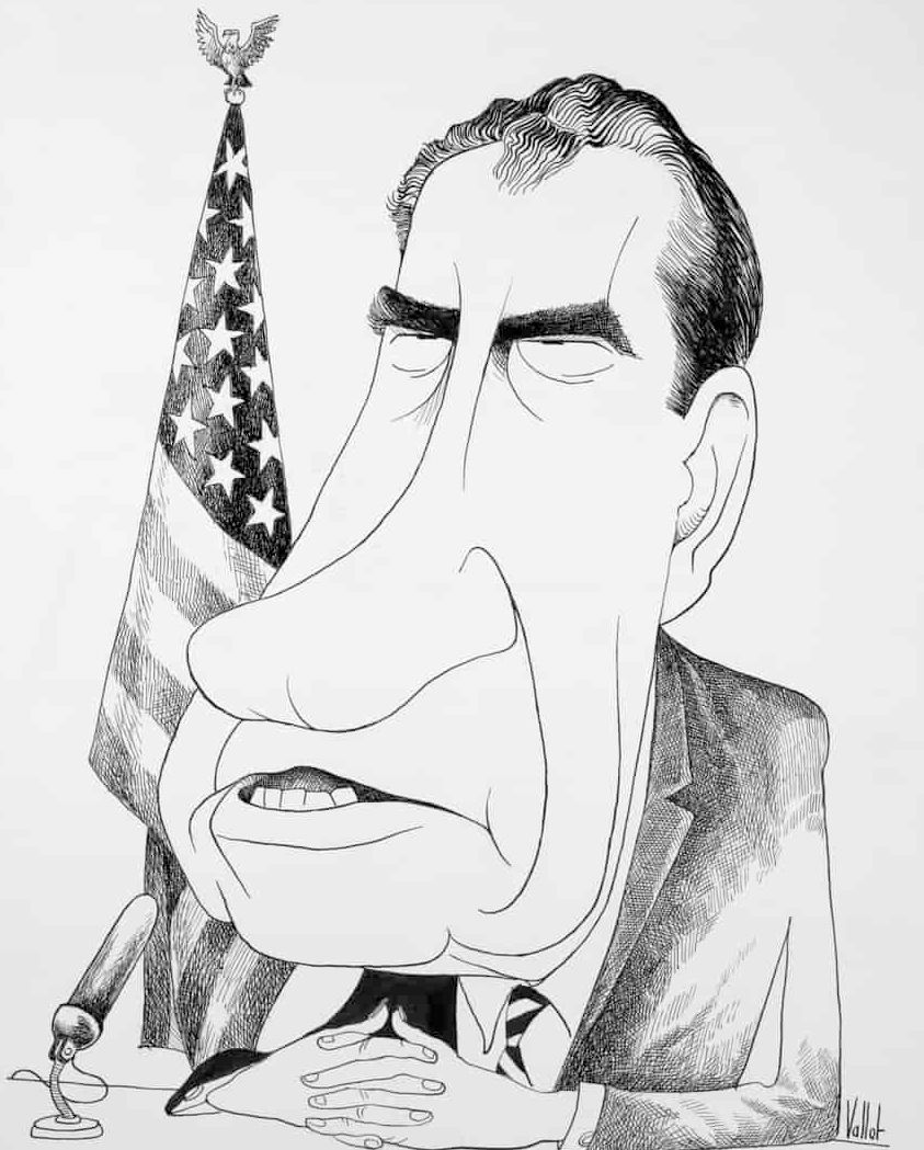 Karikatur av Richard Nixon. Karikatur.