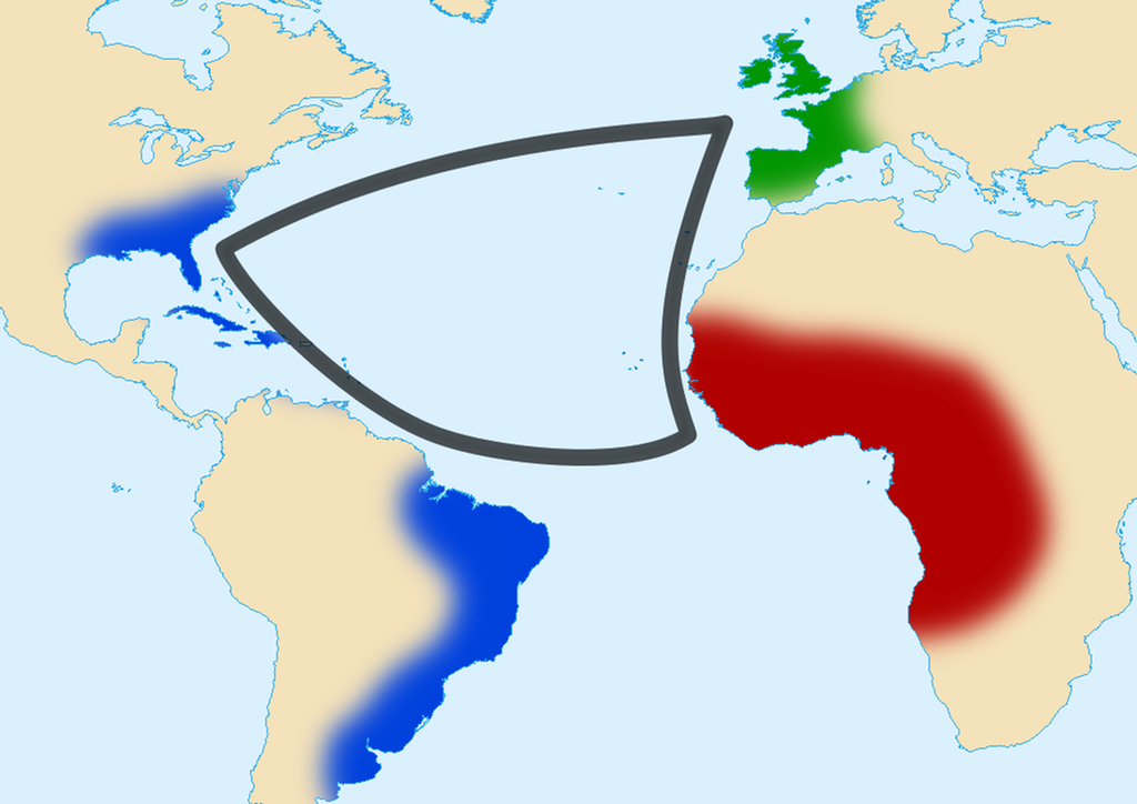 En trekant er tegnet inn i Atlanterhavet i et kart som viser trekanthandelen mellom Europa, Vest-Afrika og de europeiske koloniene i Amerika. Illustrasjon.