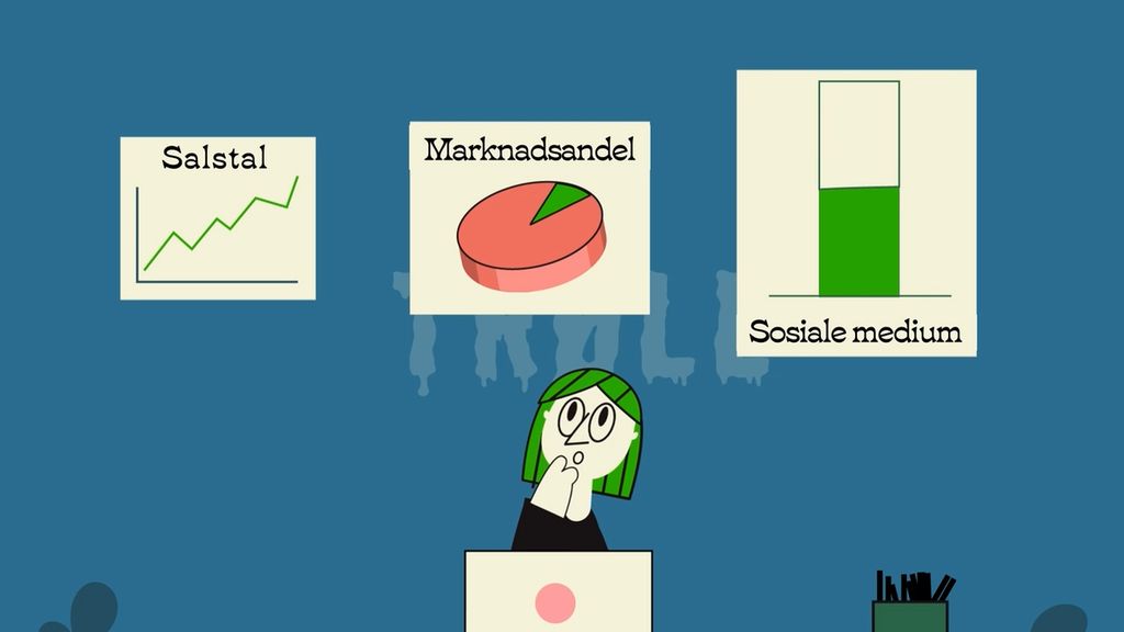 Illustrasjon av ein person med eit tankefullt ansiktsuttrykk som kikkar opp på tre informasjonsboksar. I boksane står det: Salstal, Marknadsandel og Sosiale medium. Skjermutklipp.