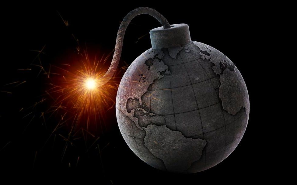 Jordkloden forma som ei bombe med tent lunte. Illustrasjon.