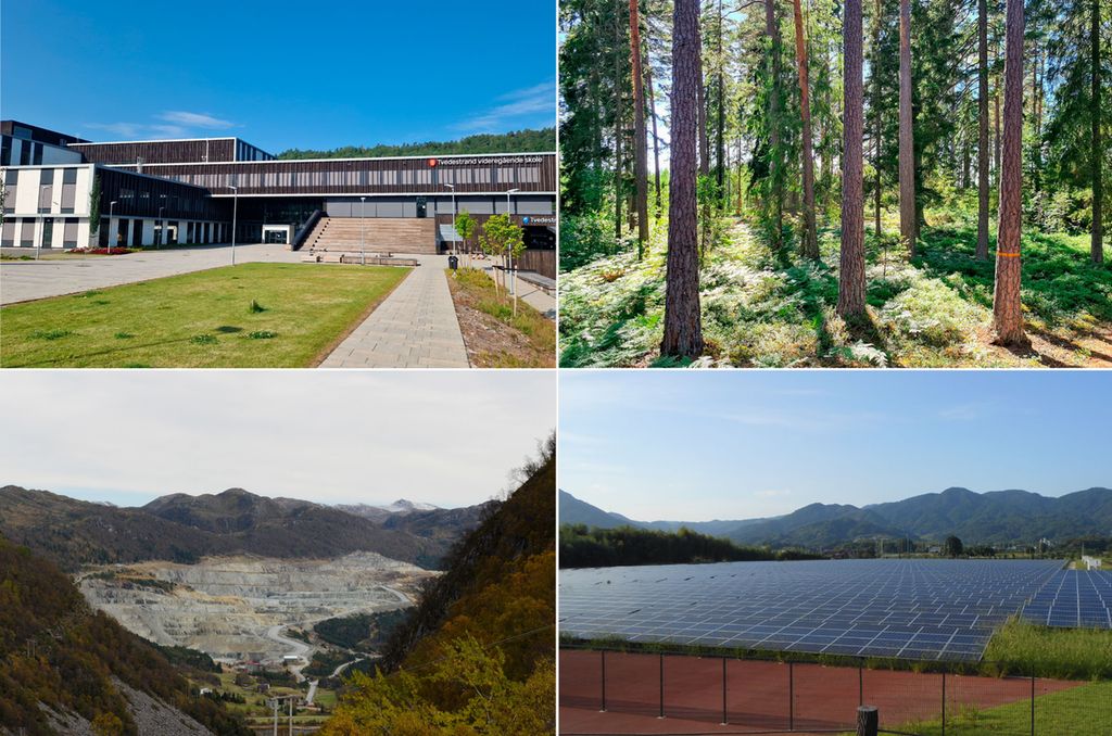 Kollasj med fire bilder: et moderne skolebygg, en granskog med frodig skogbunn og solstråler som lyser gjennom vegetasjonen, et dagbrudd, altså ei åpen gruve, med ulike terrasser i fjellet og en vei som går innover, og en solcellepark der et svært område er dekket av solcellepaneler. Foto.