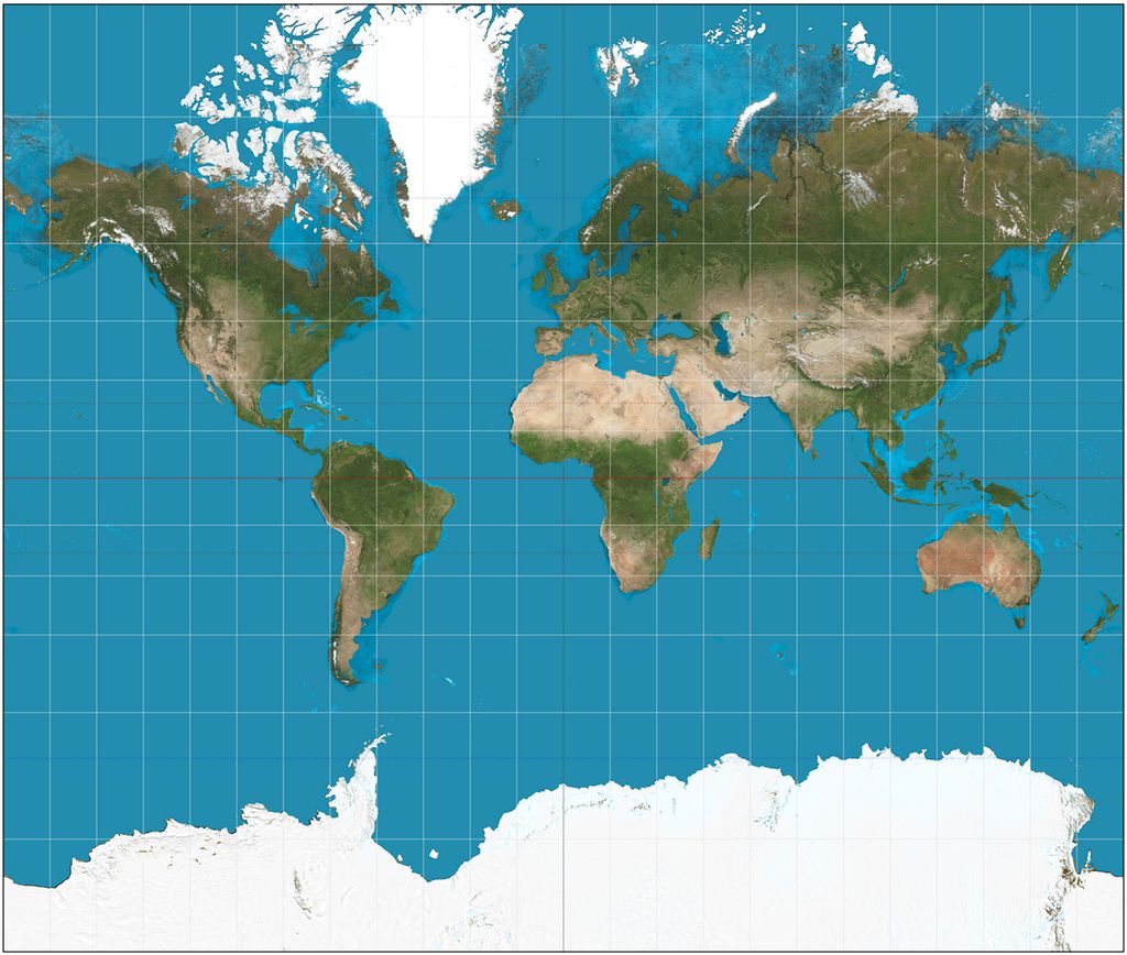 Verdskart etter Mercator-projeksjonen. Områda langt nord og sør blir strekt ut for å lage eit firkanta kart av ei tredimensjonal verd. Det fører til at landa i nord og Sørpolen er mykje større på kartet enn i verkelegheita. Illustrasjon.
