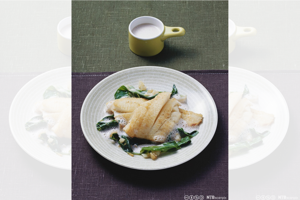 Lyse fiskeskiver servert i en hvit skål. Skivene er anrettet på grønne salatblad og med rikelig av saus med luftbobler. Foto.