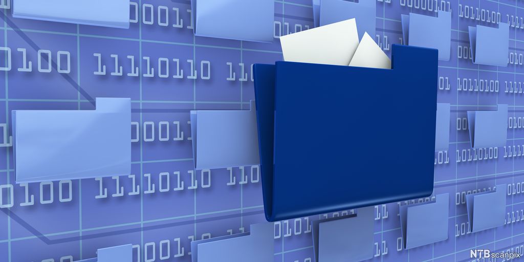 Blå dokumentmappe med eit par ark som stikk ut, festa til ein blå vegg med mønster av liknande dokumentmapper og einarar og nullar. Illustrasjon.