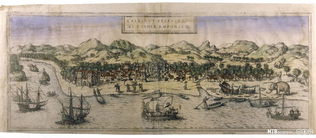 En portugisisk handelsbosetting i India, ca 1600. Maleri.