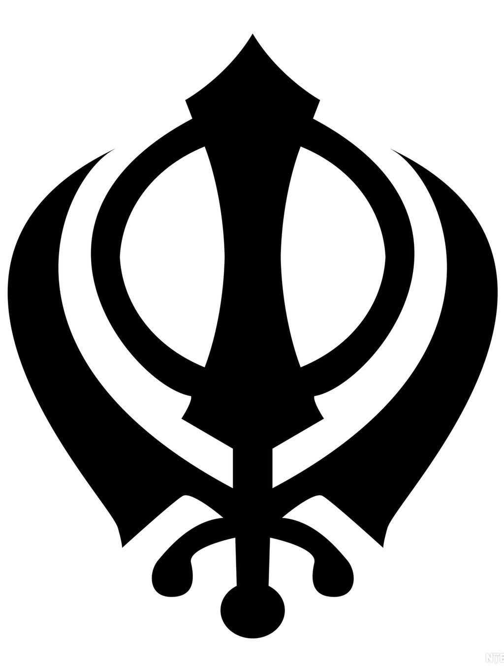 Svart symbol med eit tviegga sverd i midten, ein sirkel rundt og to krumme sverd på kvar side. Illustrasjon.
