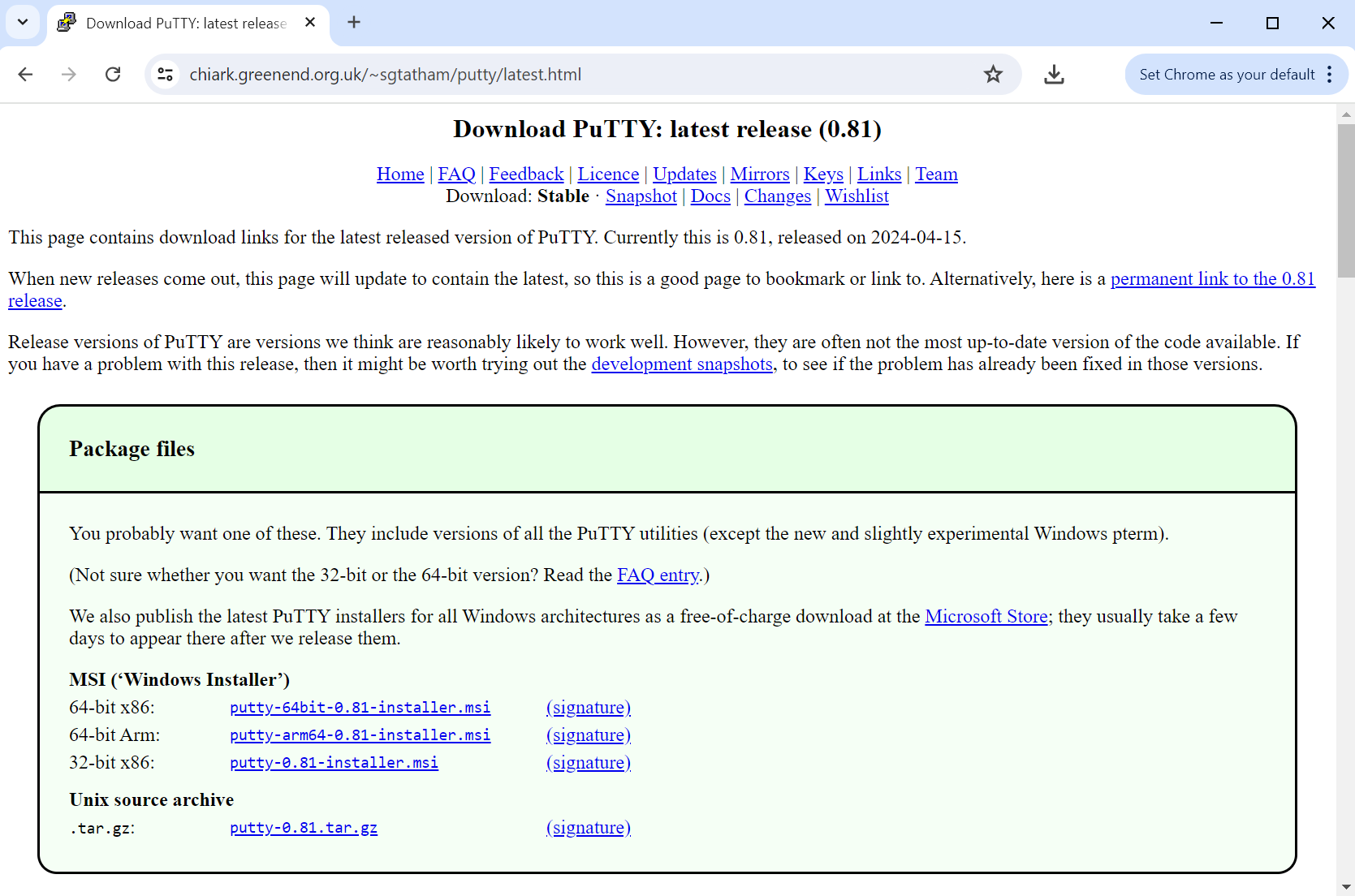 Nettside, med flere valg av versjoner for nedlastning. Skjermbilde